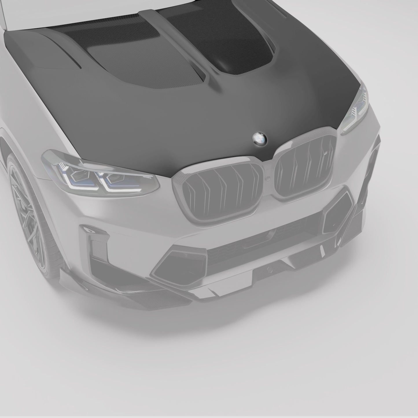 BMW X3M F97 LCI carbon hood highlighted on the front of the car