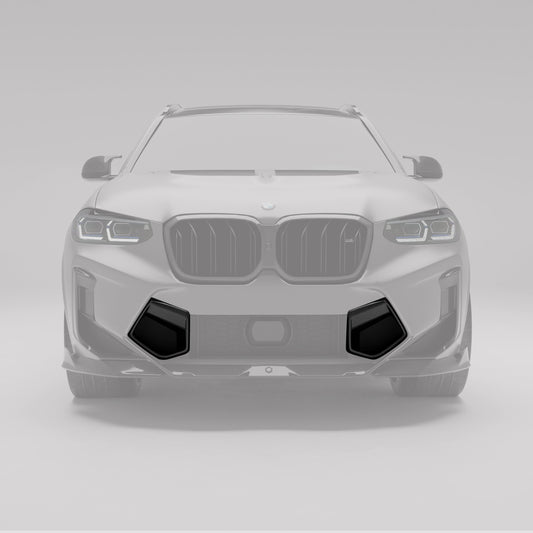 BMW X3M F97 LCI carbon bumper vents highlighted on the lower fascia
