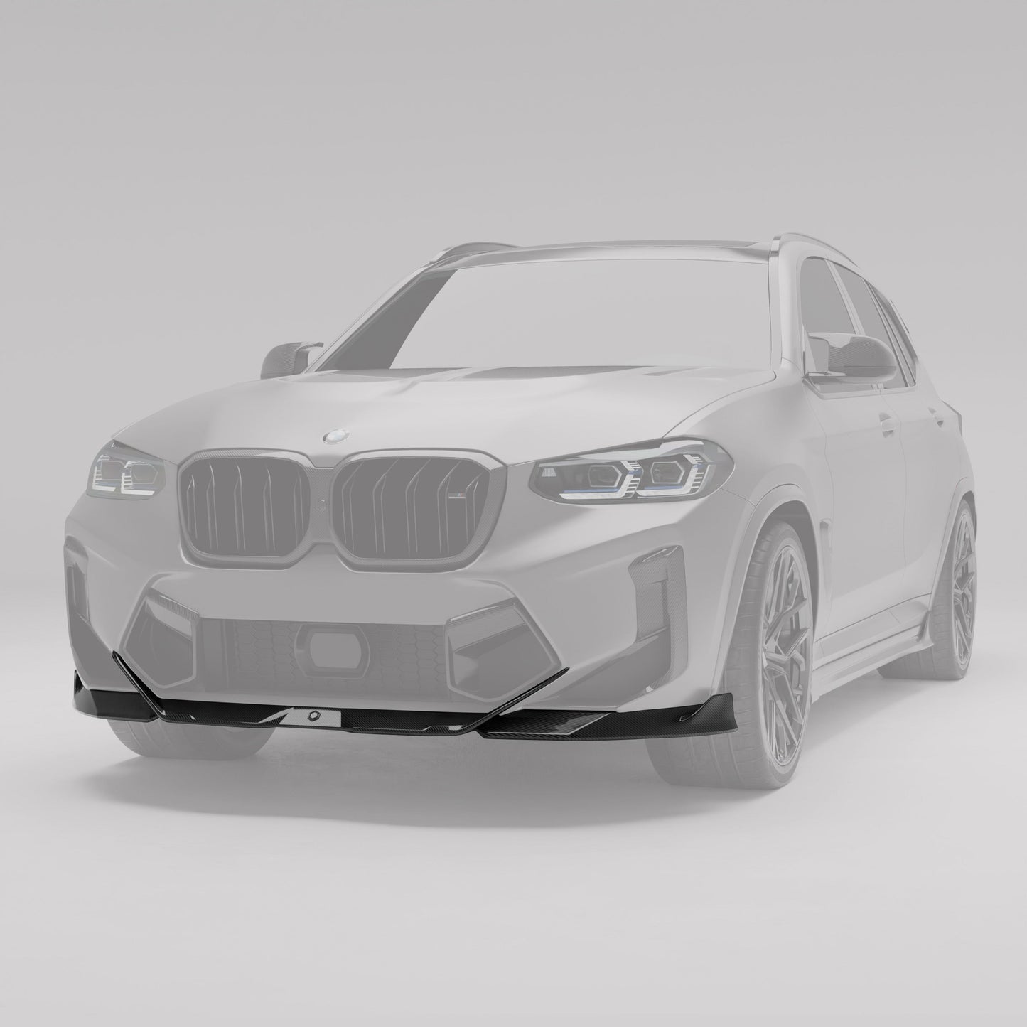 BMW X3M F97 LCI carbon front lip highlighted on the lower bumper