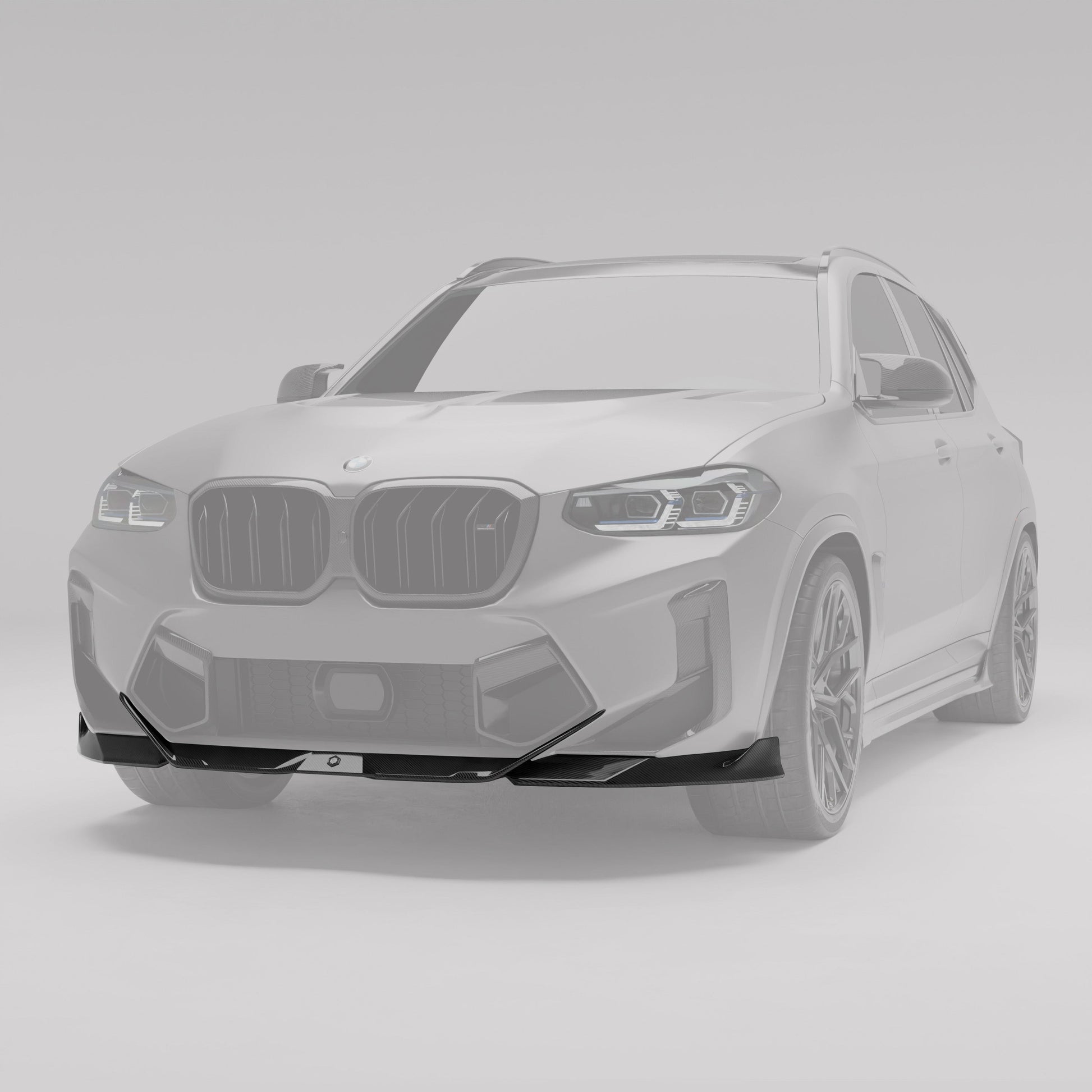 BMW X3M F97 LCI carbon front lip highlighted on the lower bumper