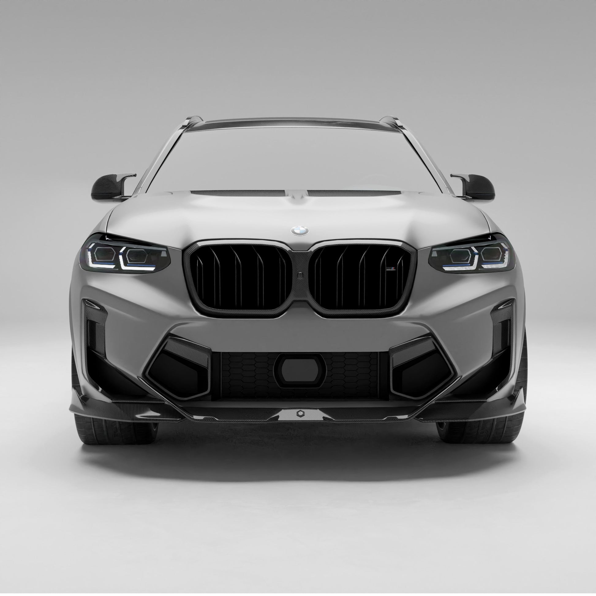 BMW X3M F97 LCI carbon fiber front bumper vents rendering, front view