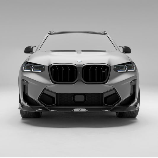 BMW X3M F97 LCI carbon fiber front bumper vents rendering, front view