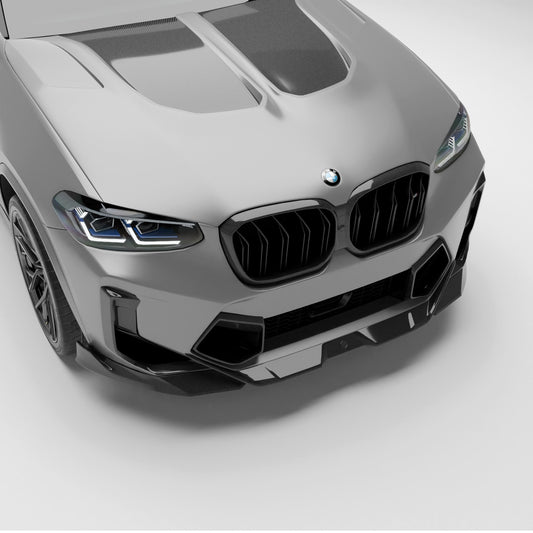 BMW X3M F97 LCI carbon fiber hood rendering, front three quarter view