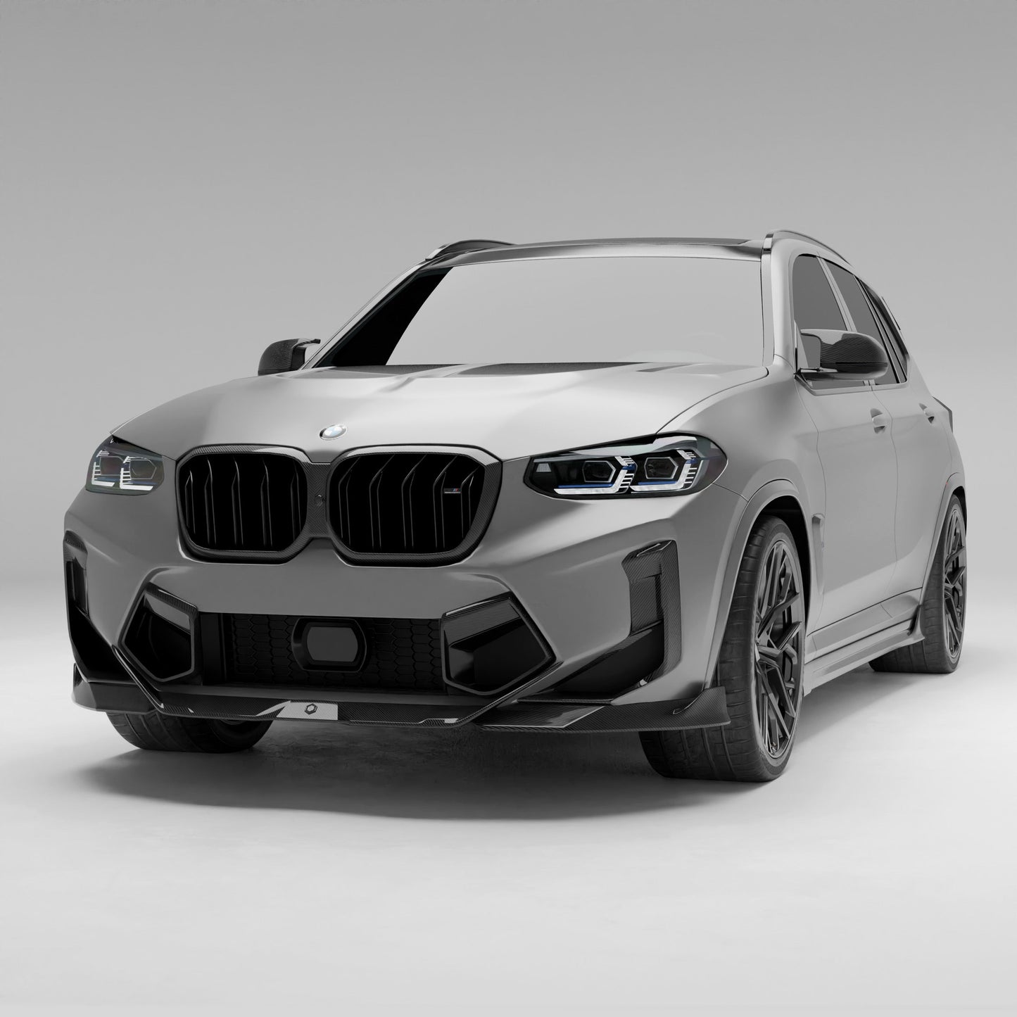 BMW X3M F97 LCI carbon fiber front lip rendering, front three quarter view