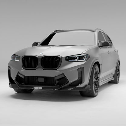 BMW X3M F97 LCI carbon fiber front lip rendering, front three quarter view