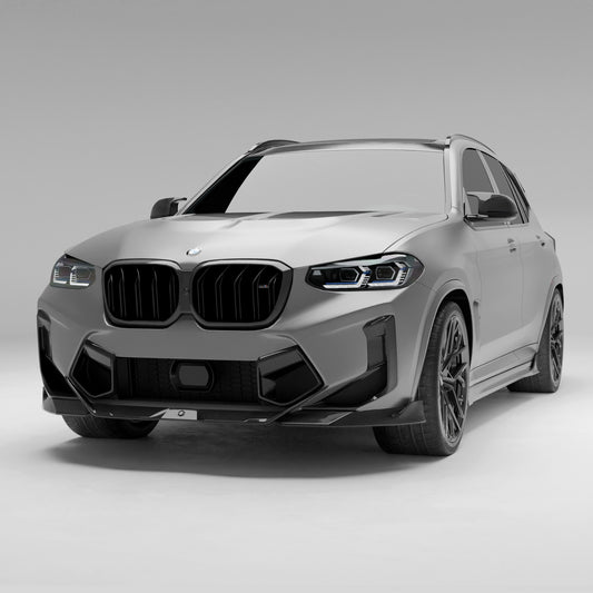 BMW X3M F97 LCI carbon fiber front lip rendering, front three quarter view