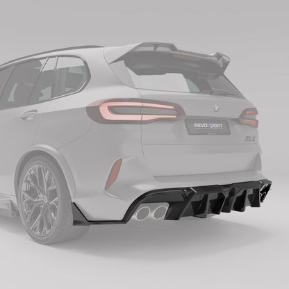 BMW X5M F95 carbon fiber rear diffuser fitted, angled detail view