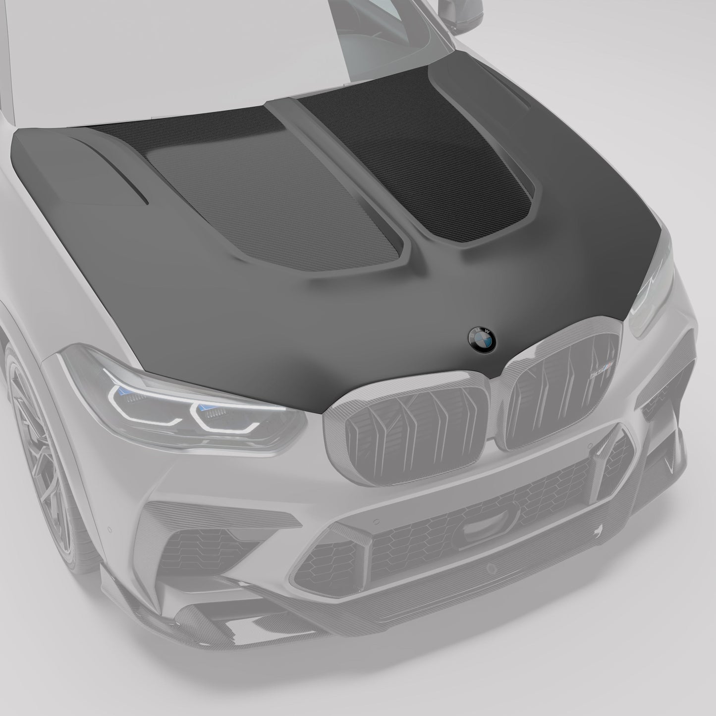 BMW X5M F95 carbon fiber hood, angled detail of vents and weave
