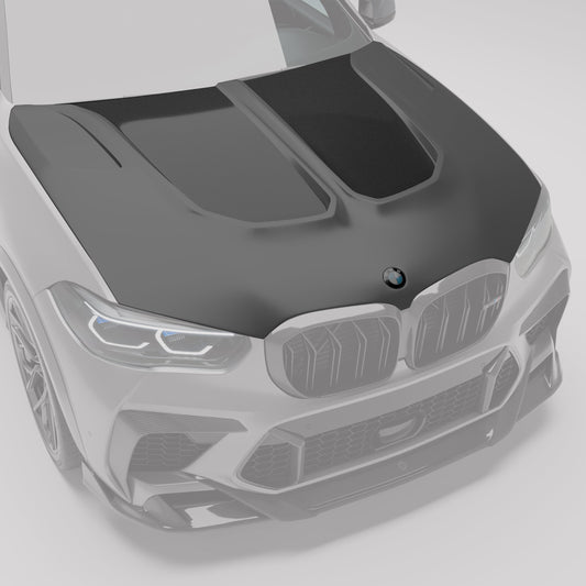 BMW X5M F95 carbon fiber hood, angled detail of vents and weave
