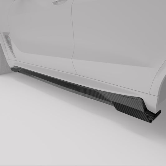BMW X5M F95 carbon fiber side skirt, angled rocker detail view