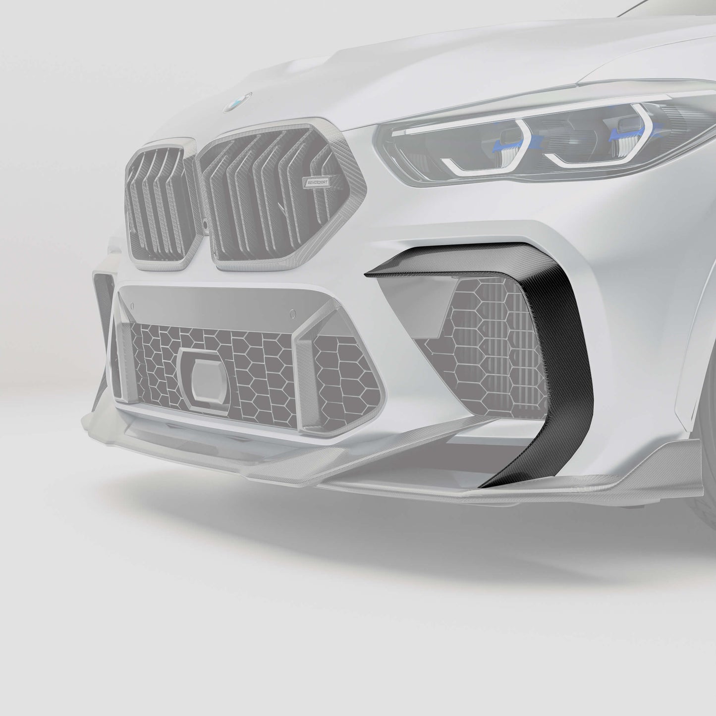 BMW X6M F96 Pre-LCI carbon fiber canards, front-end rendering angle