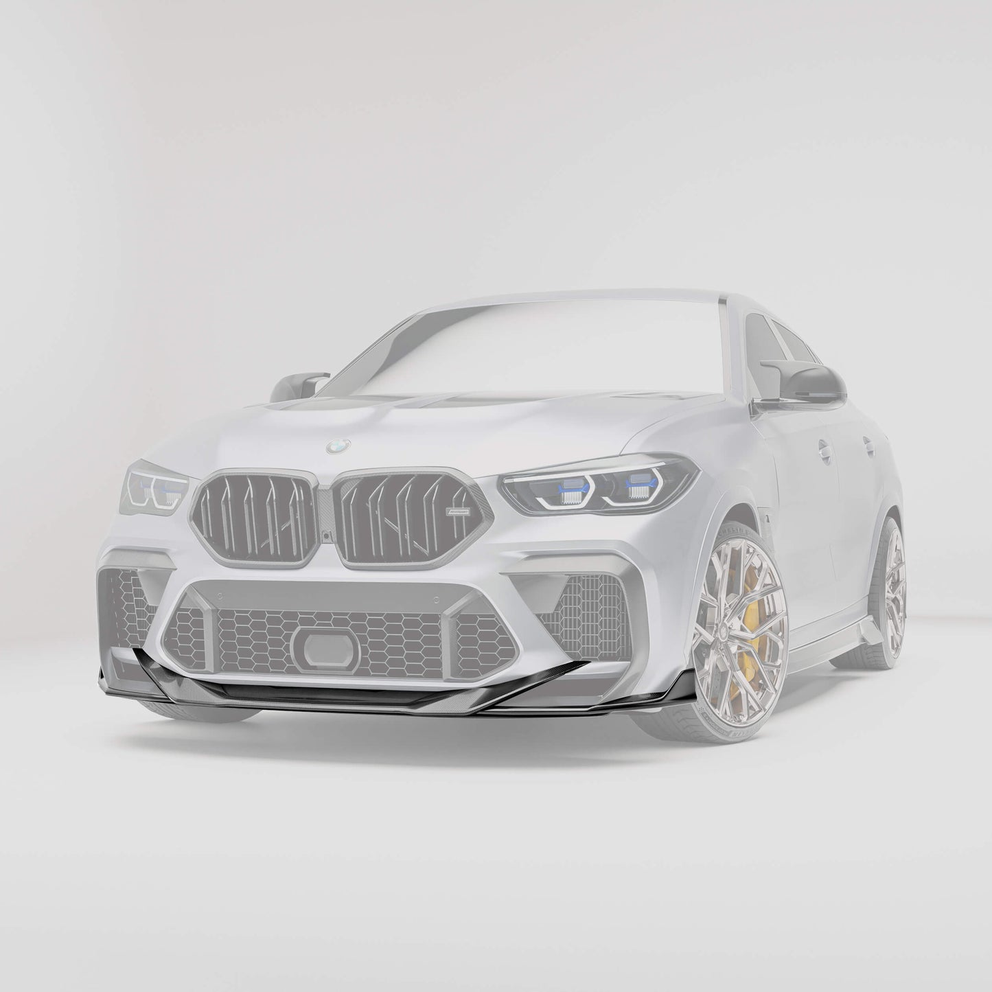 BMW X6M F96 carbon fiber front splitter rendering, head-on view