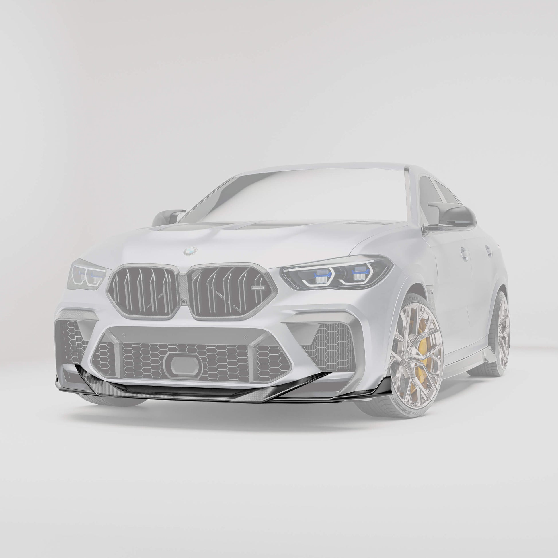 BMW X6M F96 carbon fiber front splitter rendering, head-on view
