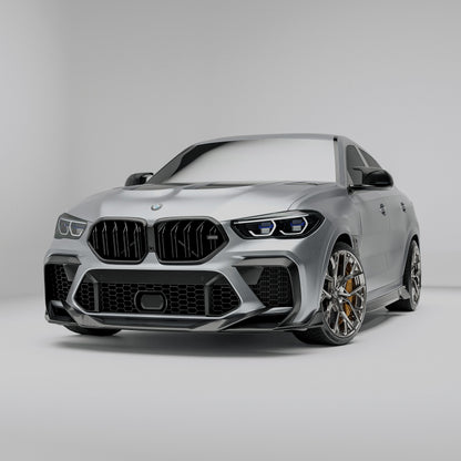 BMW X6M F96 Pre-LCI carbon fiber front lip rendering, angled front view