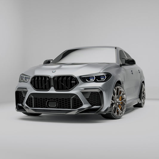 BMW X6M F96 Pre-LCI carbon fiber front lip rendering, angled front view