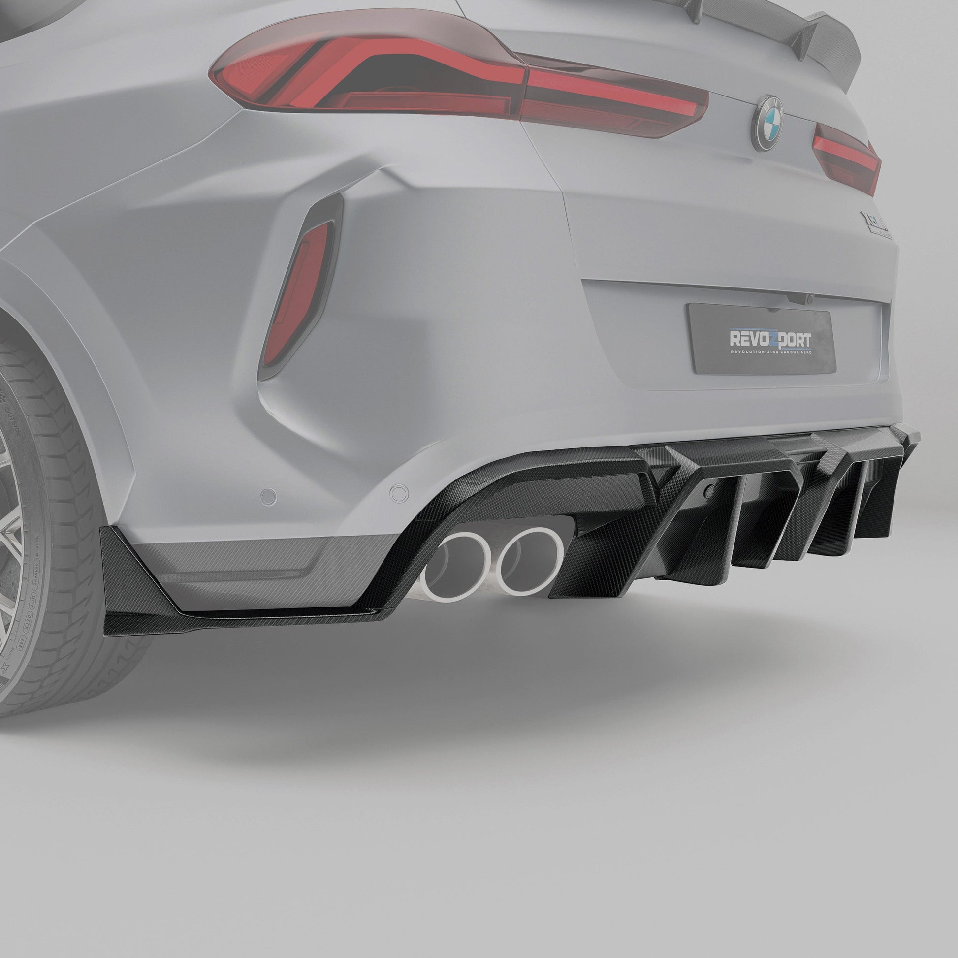 Carbon fiber rear splitter for X6M F96 shown from a second angle