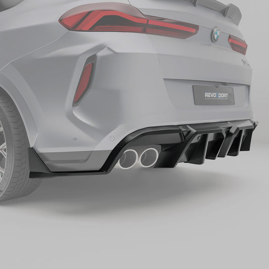 Carbon fiber rear splitter for X6M F96 shown from a second angle