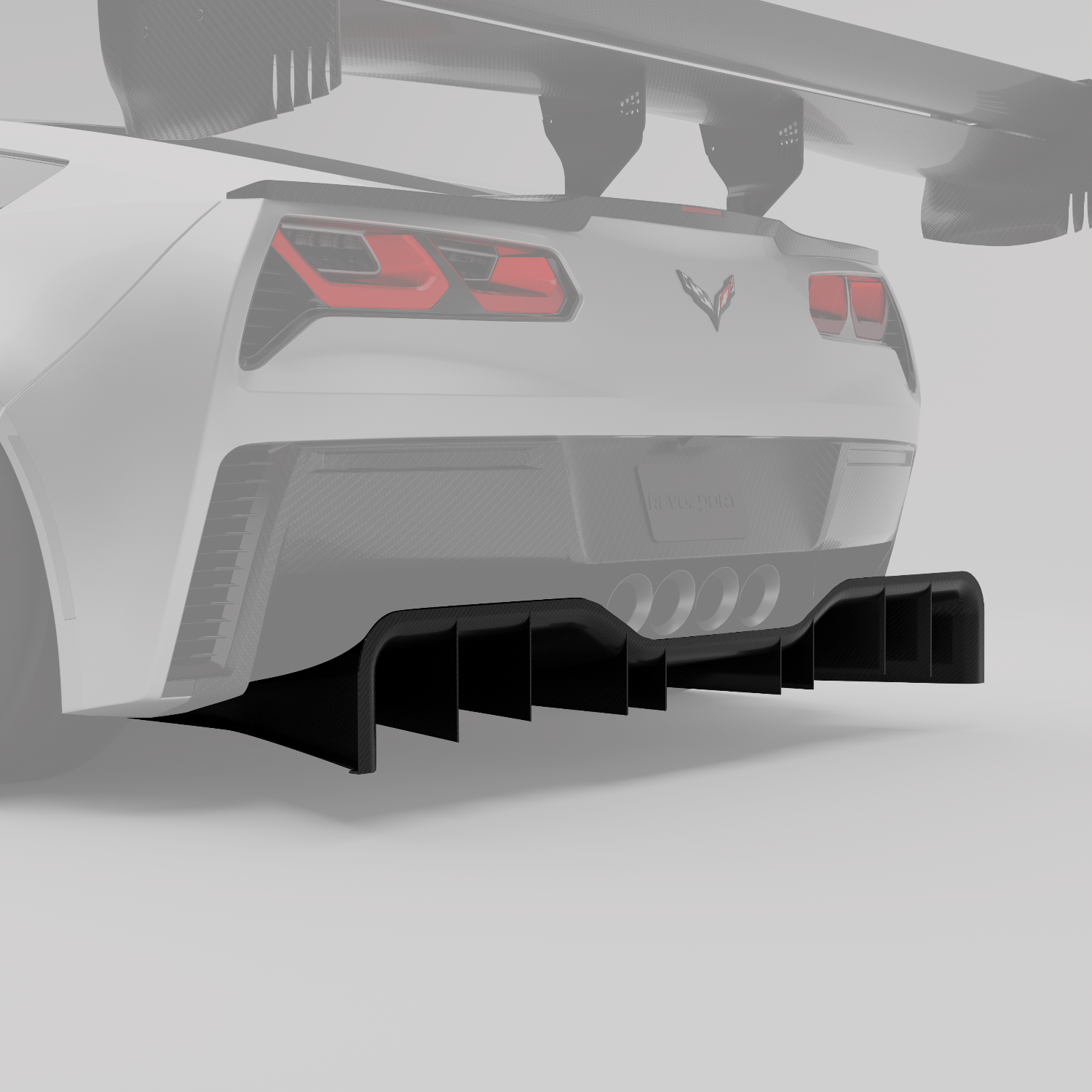 Corvette C7 carbon fiber rear diffuser, alternate angle showing strakes