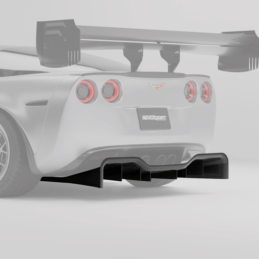 Corvette C6 carbon fiber rear diffuser shown from a rear angle