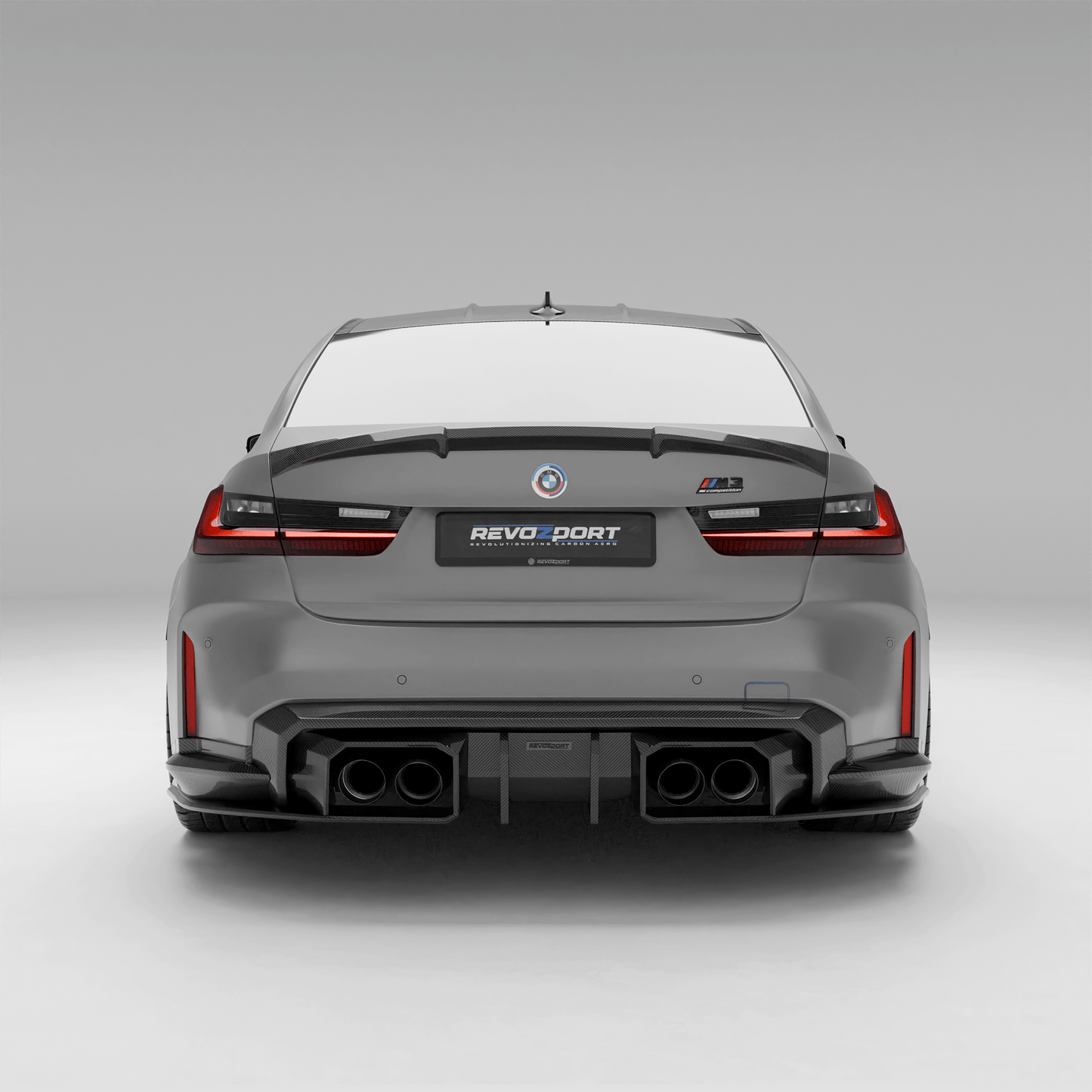 Black stainless steel exhaust tips for BMW M3 G80, rendered rear view