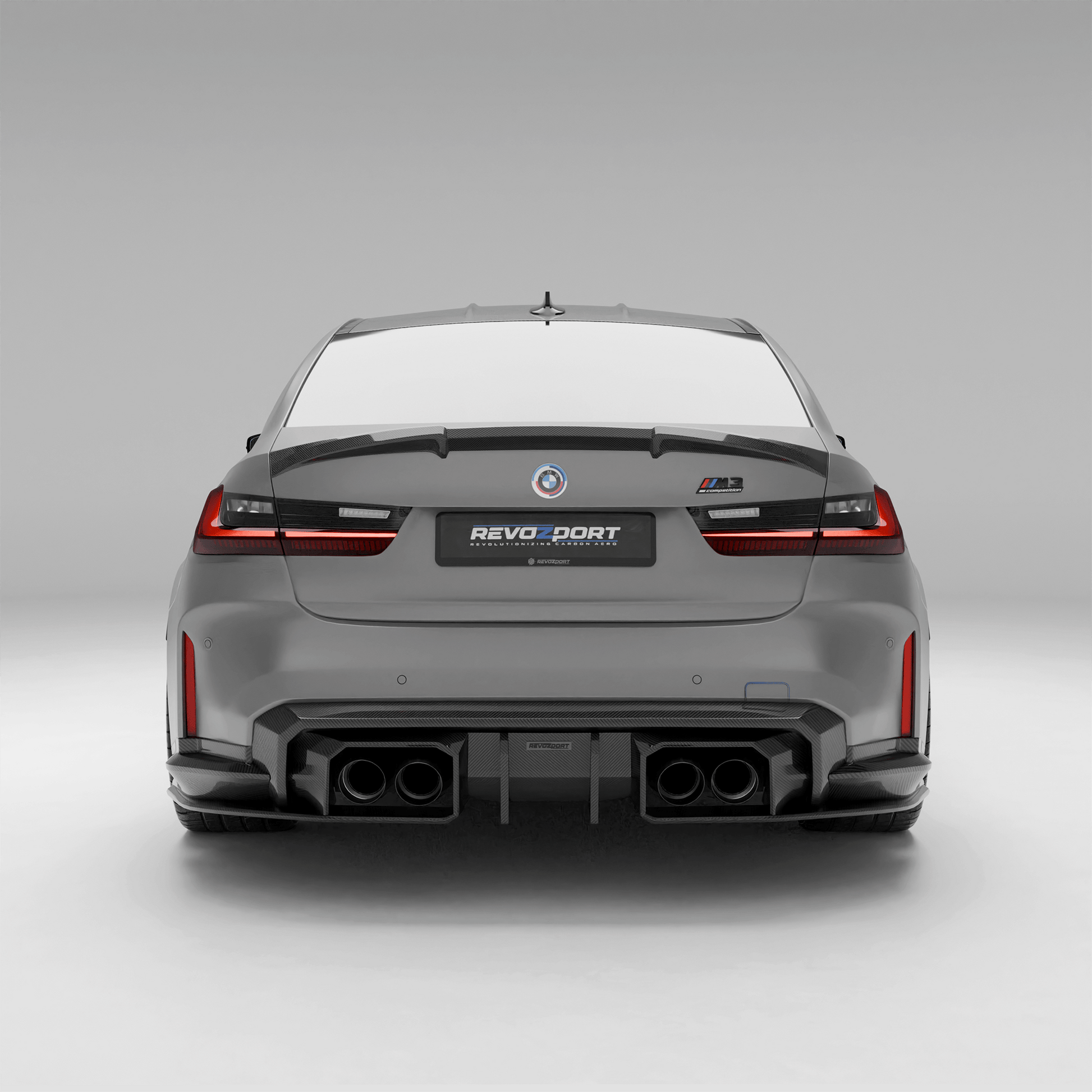 Black stainless steel exhaust tips for BMW M3 G80, rendered rear view