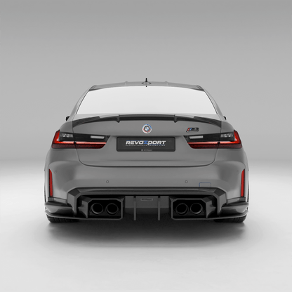 Black stainless steel exhaust tips for BMW M3 G80, rendered rear view