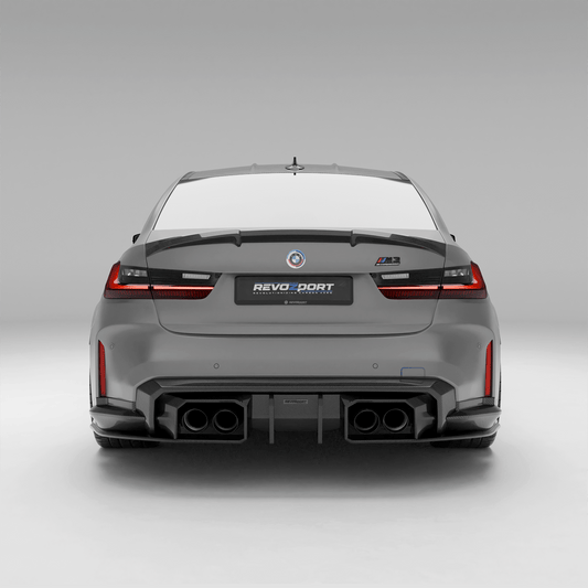 Black stainless steel exhaust tips for BMW M3 G80, rendered rear view