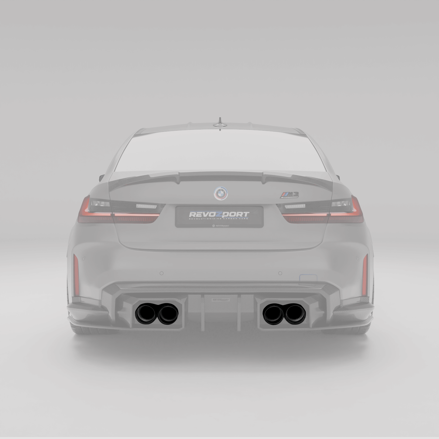 BMW M3 G80 black tailpipe tips, alternate angle render