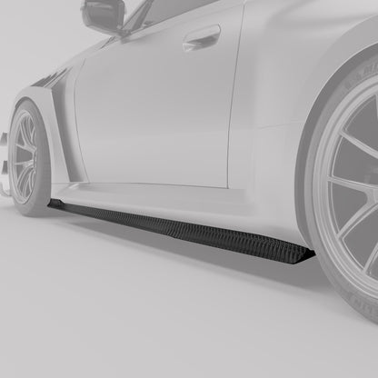 BMW M2 G87 carbon fiber aero side skirts, rear-angle styling view