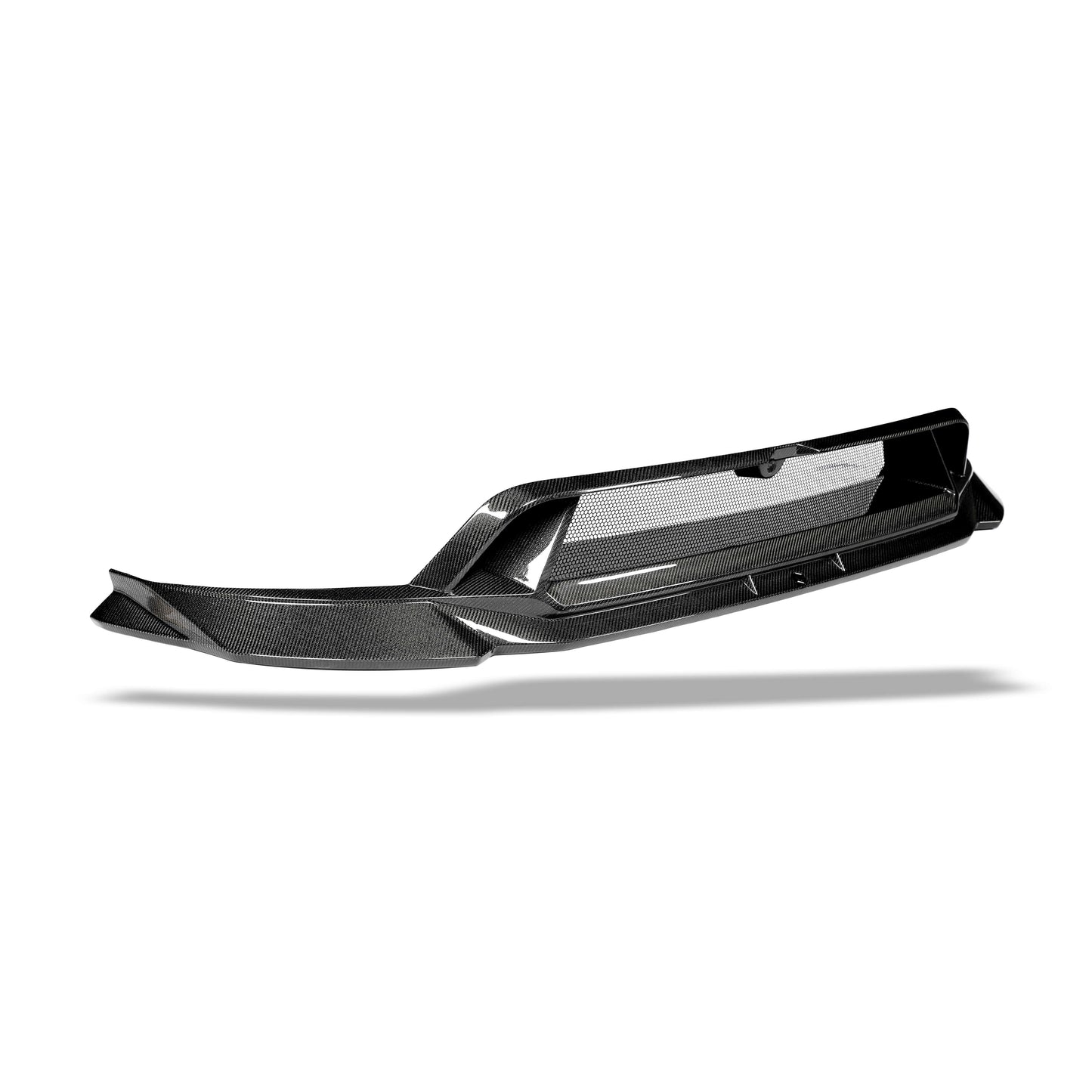 Gloss carbon weave texture along the Model Y front lip edge