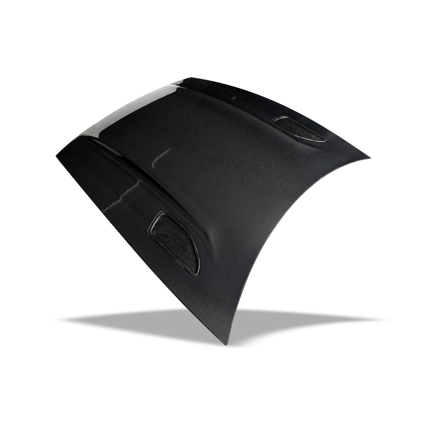 Overhead look at the gloss carbon weave on the Model Y hood