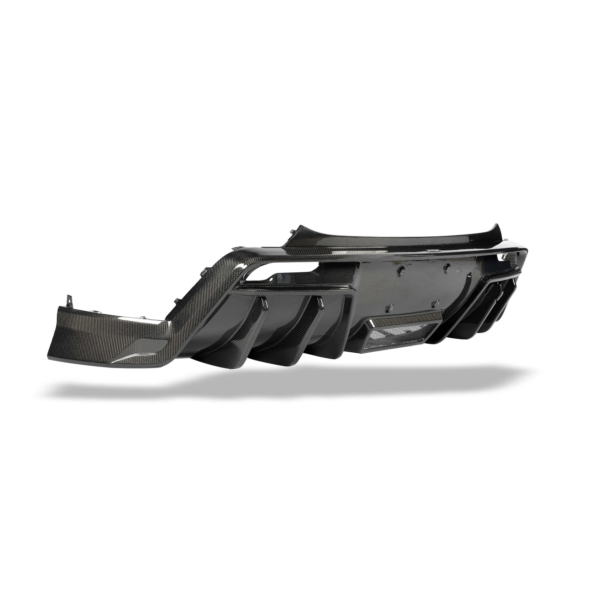 Tesla Model Y carbon fiber rear diffuser installed, lower bumper view
