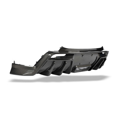 Tesla Model Y carbon fiber rear diffuser installed, lower bumper view