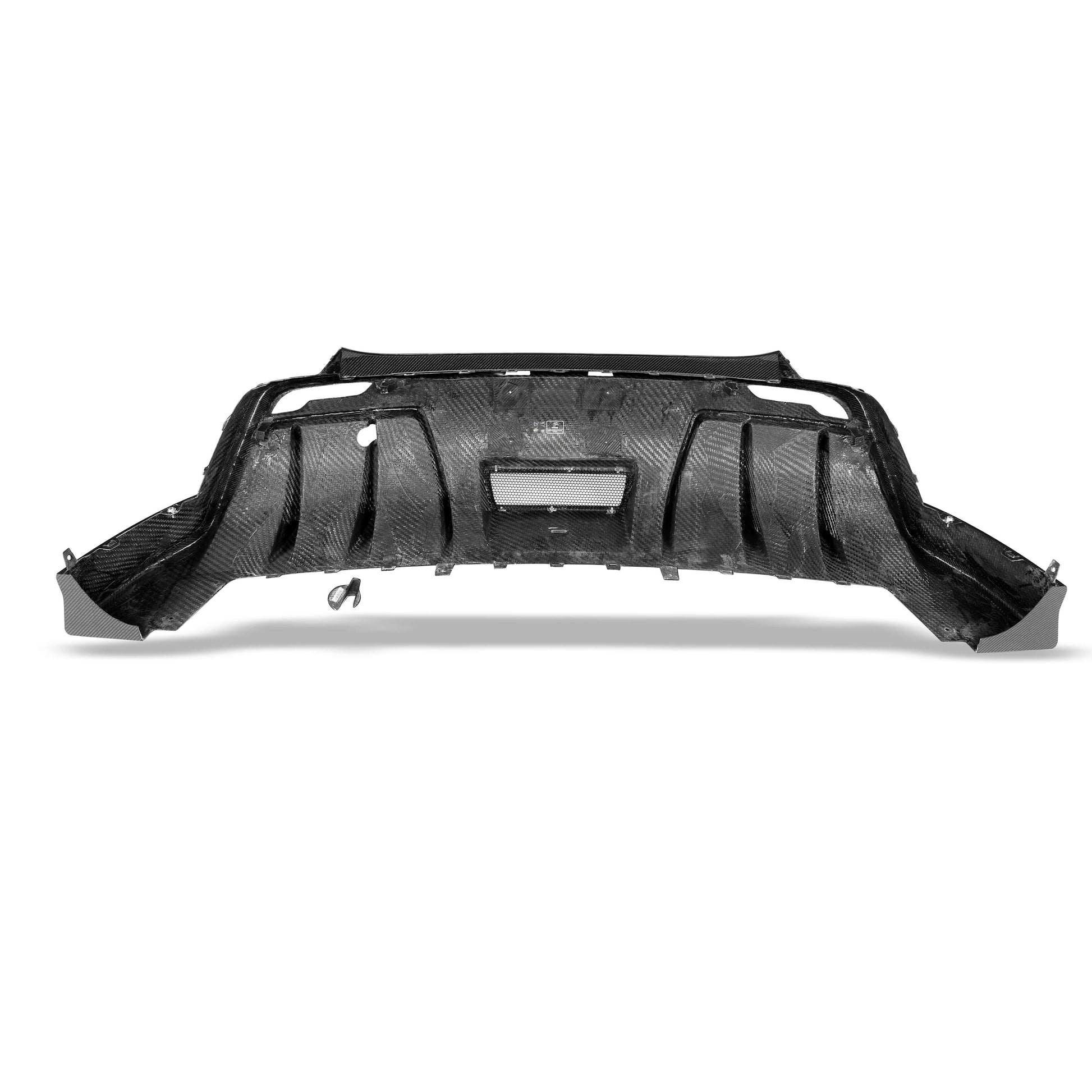 Tesla Model Y carbon fiber rear diffuser, underside fitment view