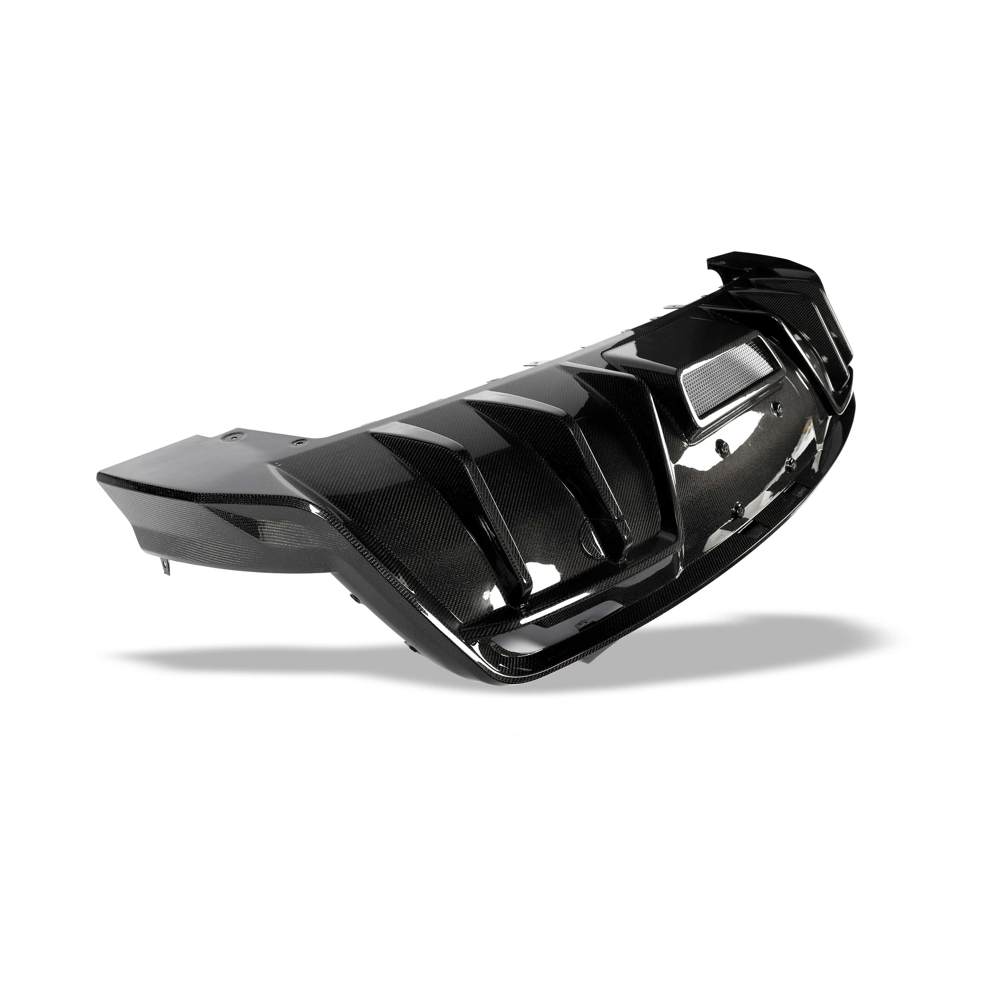 Tesla Model Y carbon fiber rear diffuser, gloss weave surface detail