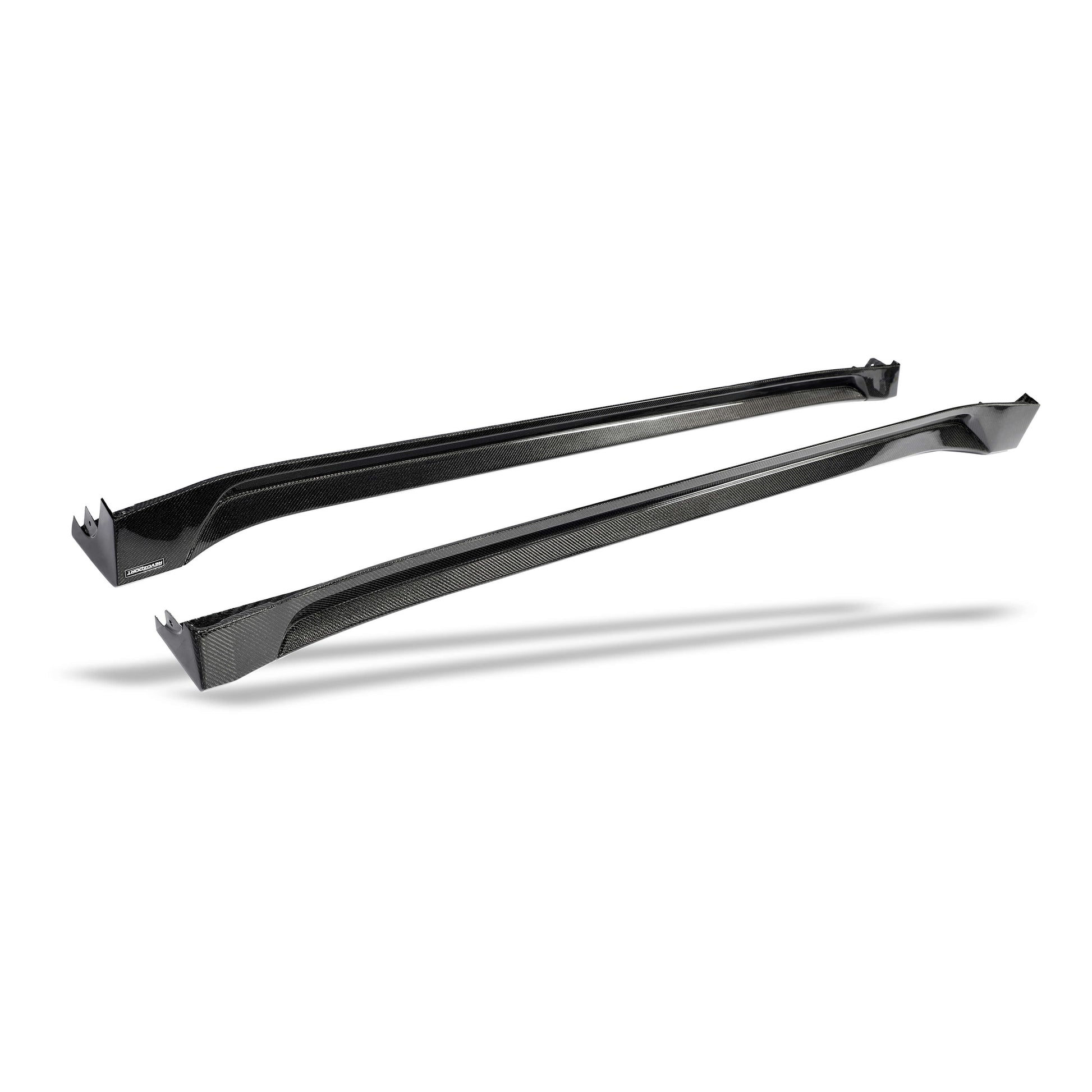Tesla Model Y carbon fiber side skirt installed, side profile view