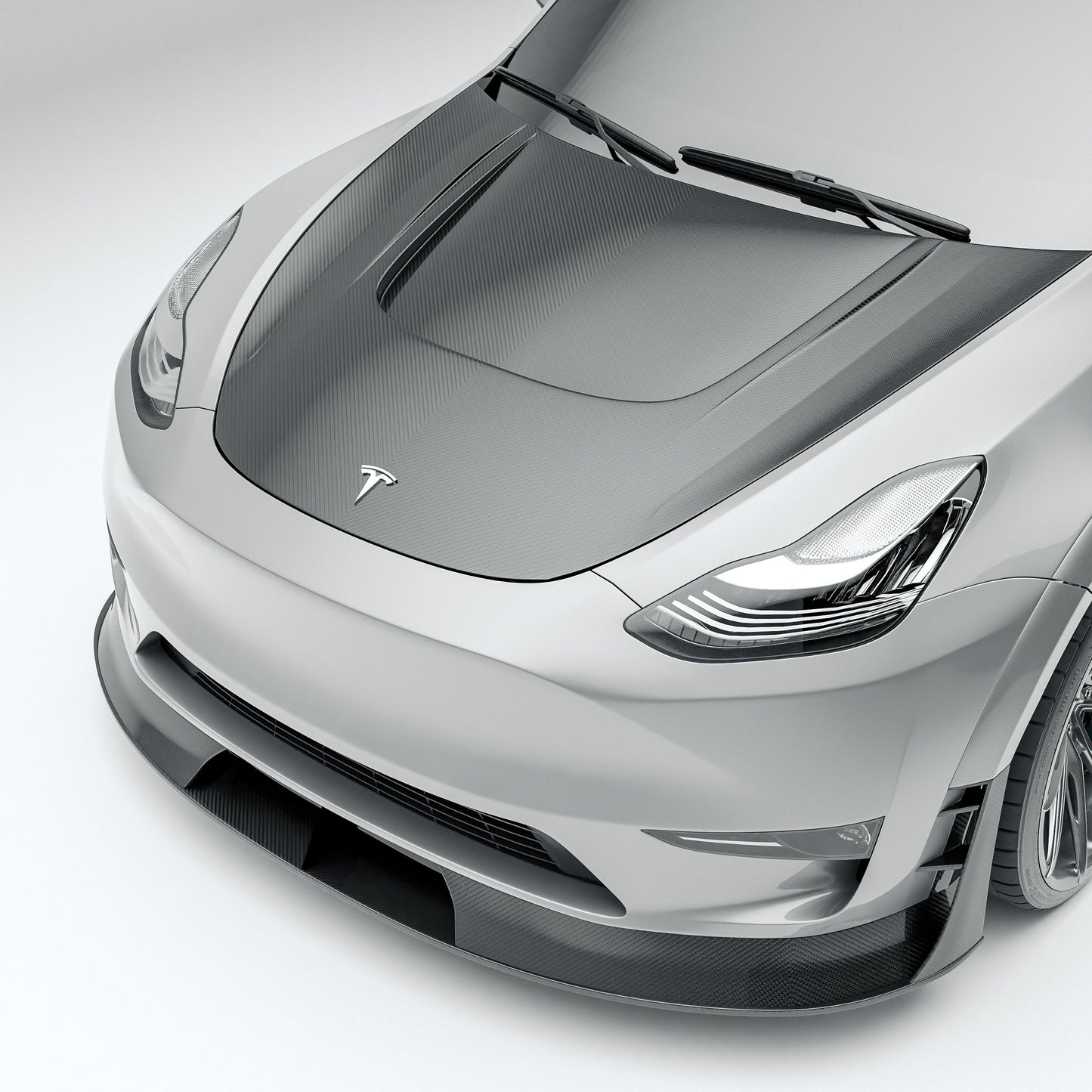 Tesla Model Y 2021-2024 carbon fiber hood shown on the car from the front