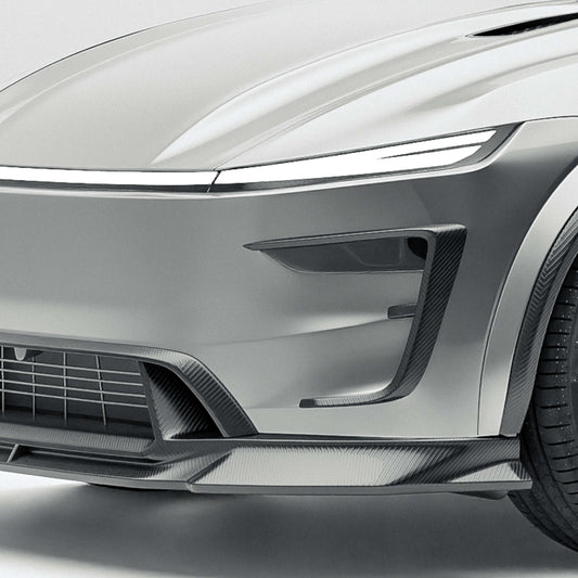 Tesla Model Y facelift carbon fiber front bumper canards mounted on the car