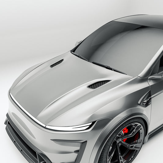 Tesla Model Y facelift carbon fiber hood shown on the car from the front