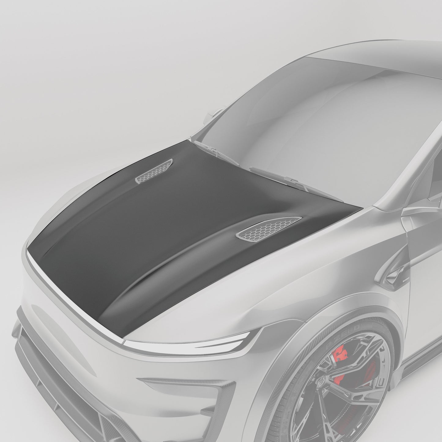 Carbon fiber hood front-angle view on Model Y facelift