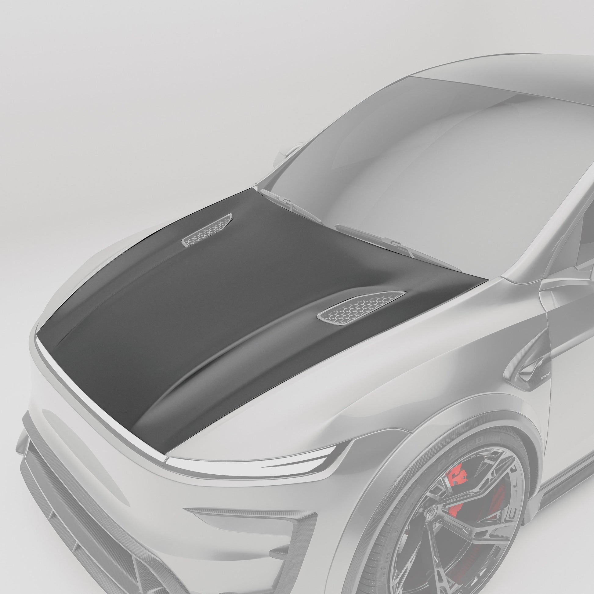 Carbon fiber hood front-angle view on Model Y facelift
