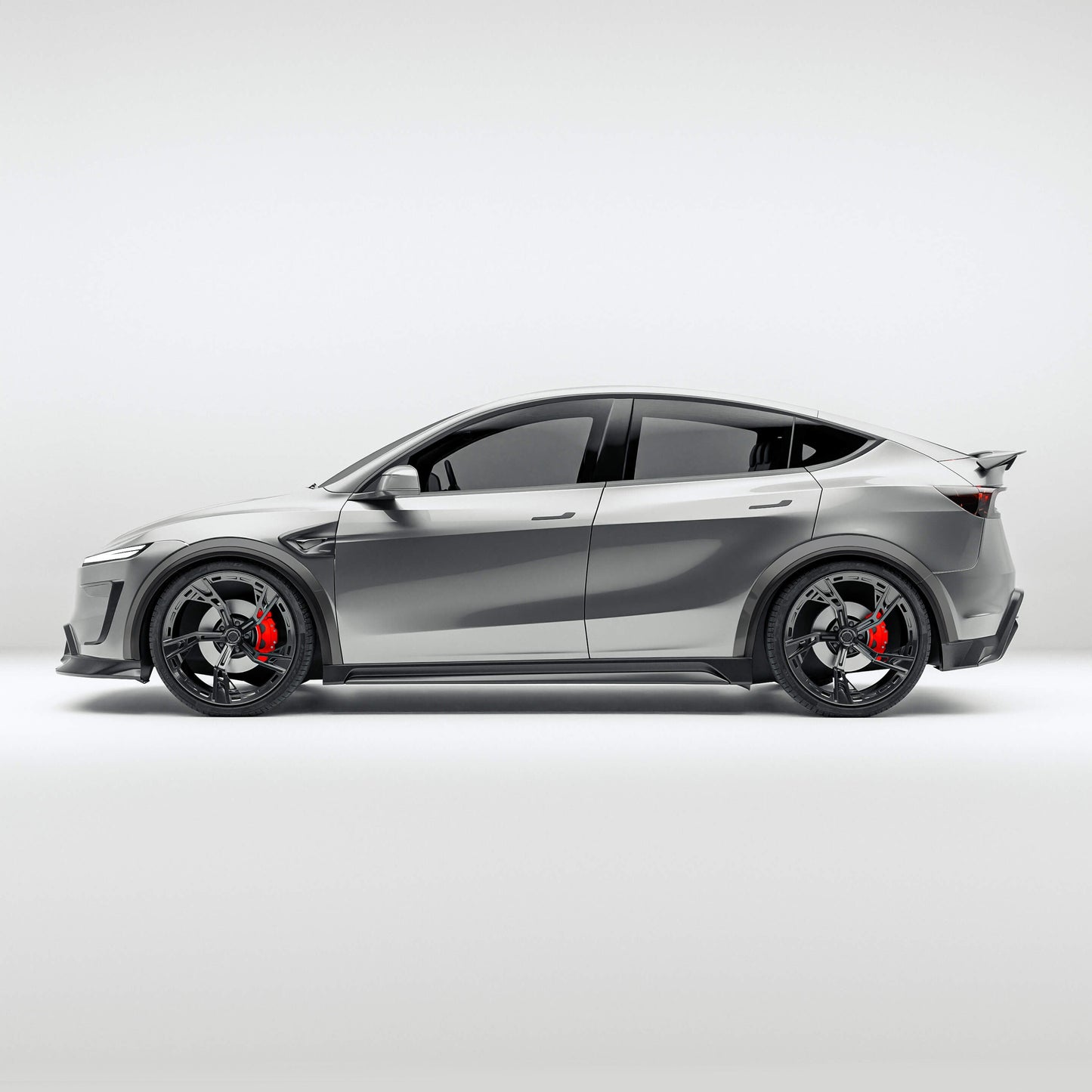 Tesla Model Y facelift carbon fiber wheel arch trims, front three-quarter view on the car
