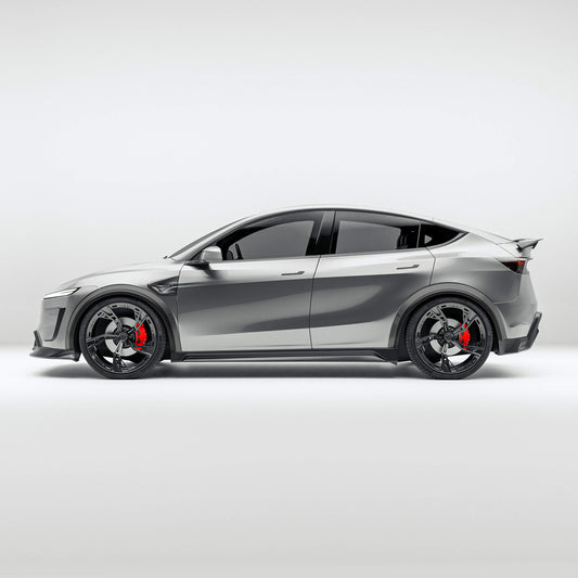 Tesla Model Y facelift carbon fiber wheel arch trims, front three-quarter view on the car