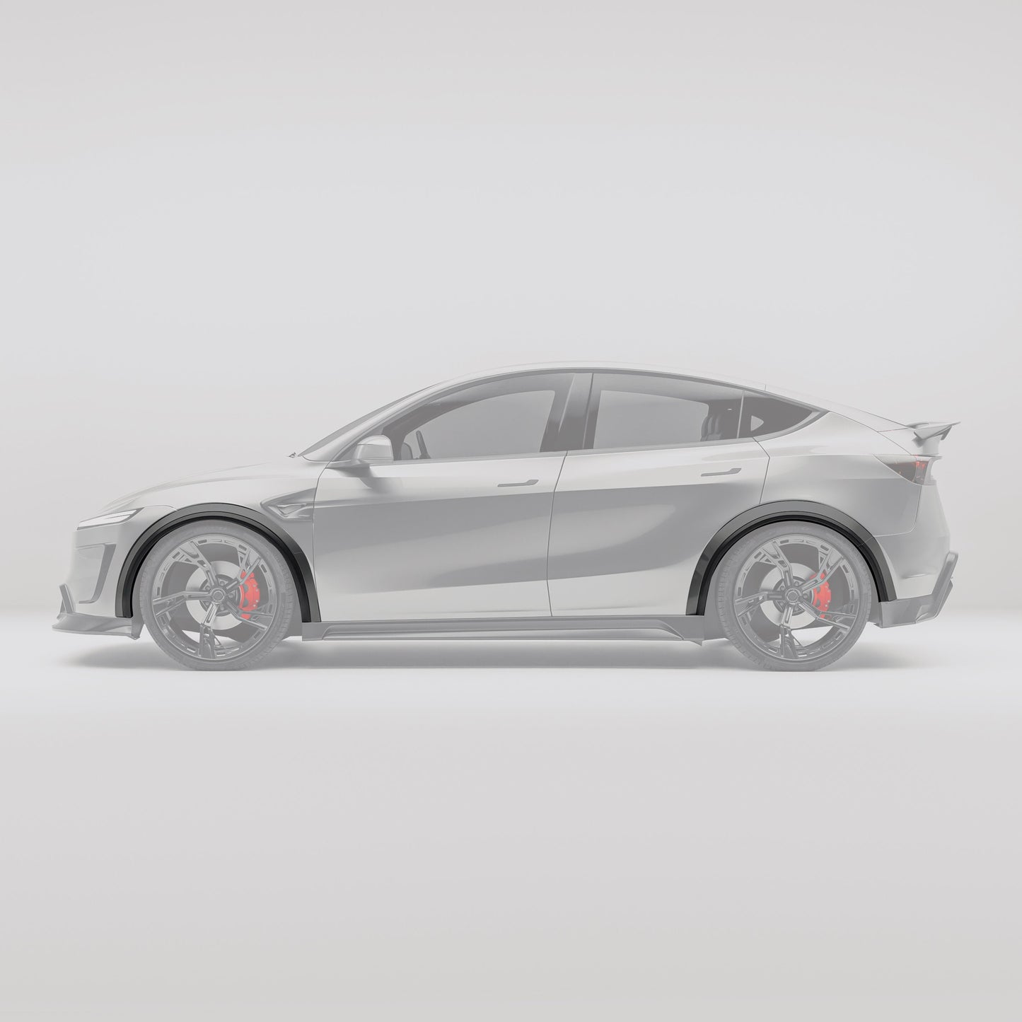 Carbon fiber wheel arch cover trim shown from the side profile on Model Y facelift