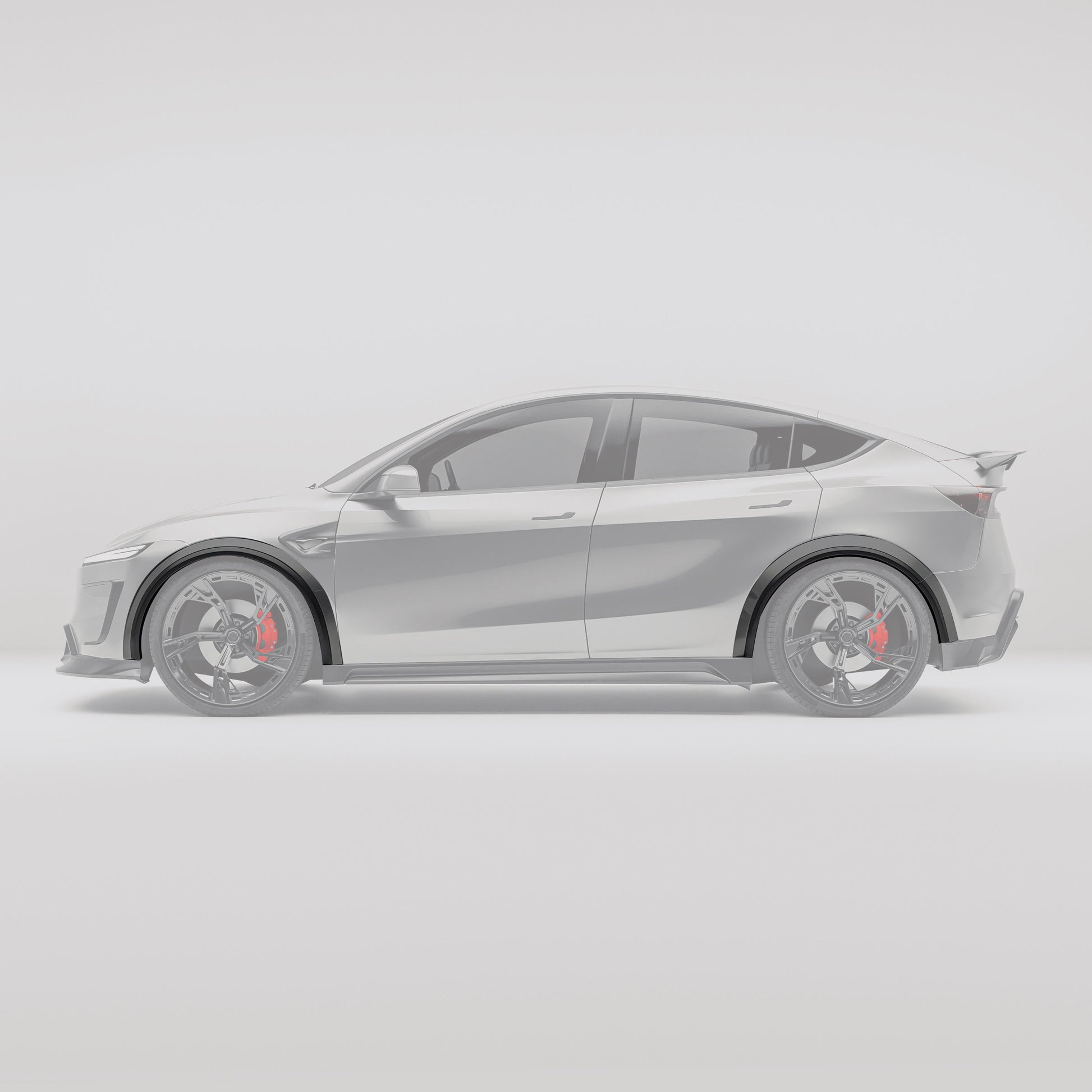 Carbon fiber wheel arch cover trim shown from the side profile on Model Y facelift