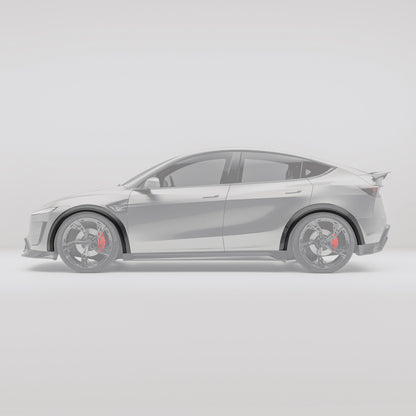 Carbon fiber wheel arch cover trim shown from the side profile on Model Y facelift