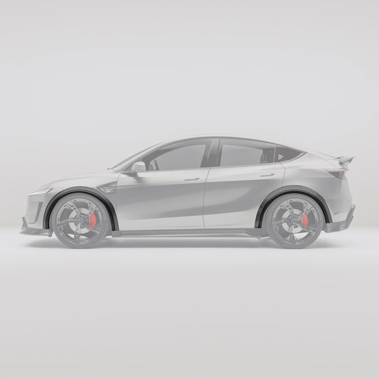 Carbon fiber wheel arch cover trim shown from the side profile on Model Y facelift