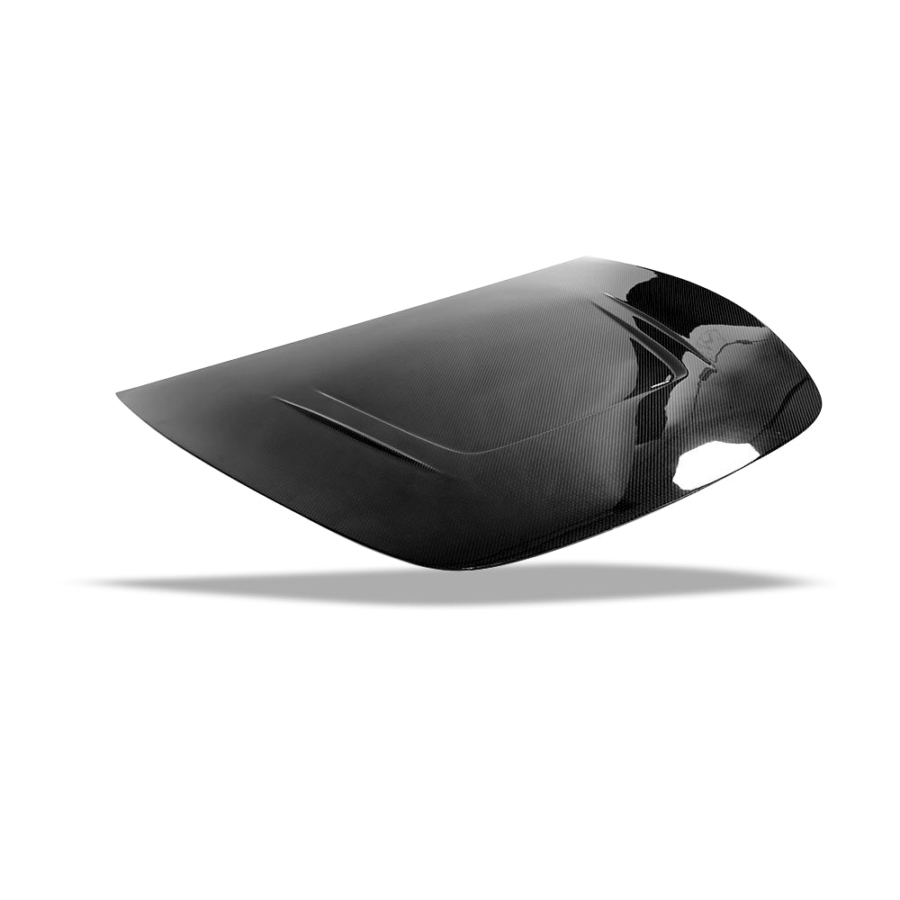 Front view of the lightweight carbon hood fitted to Model Y