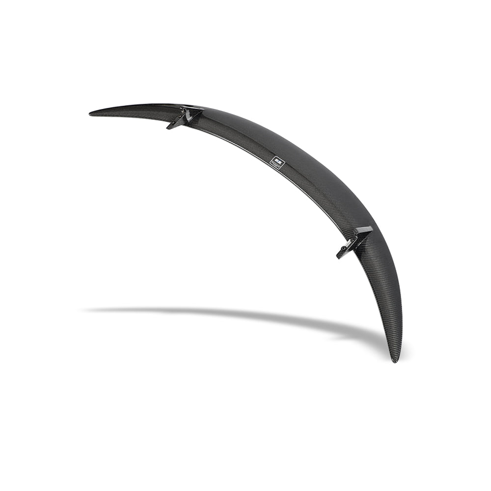 Detail of the gloss carbon weave on the Model Y rear spoiler