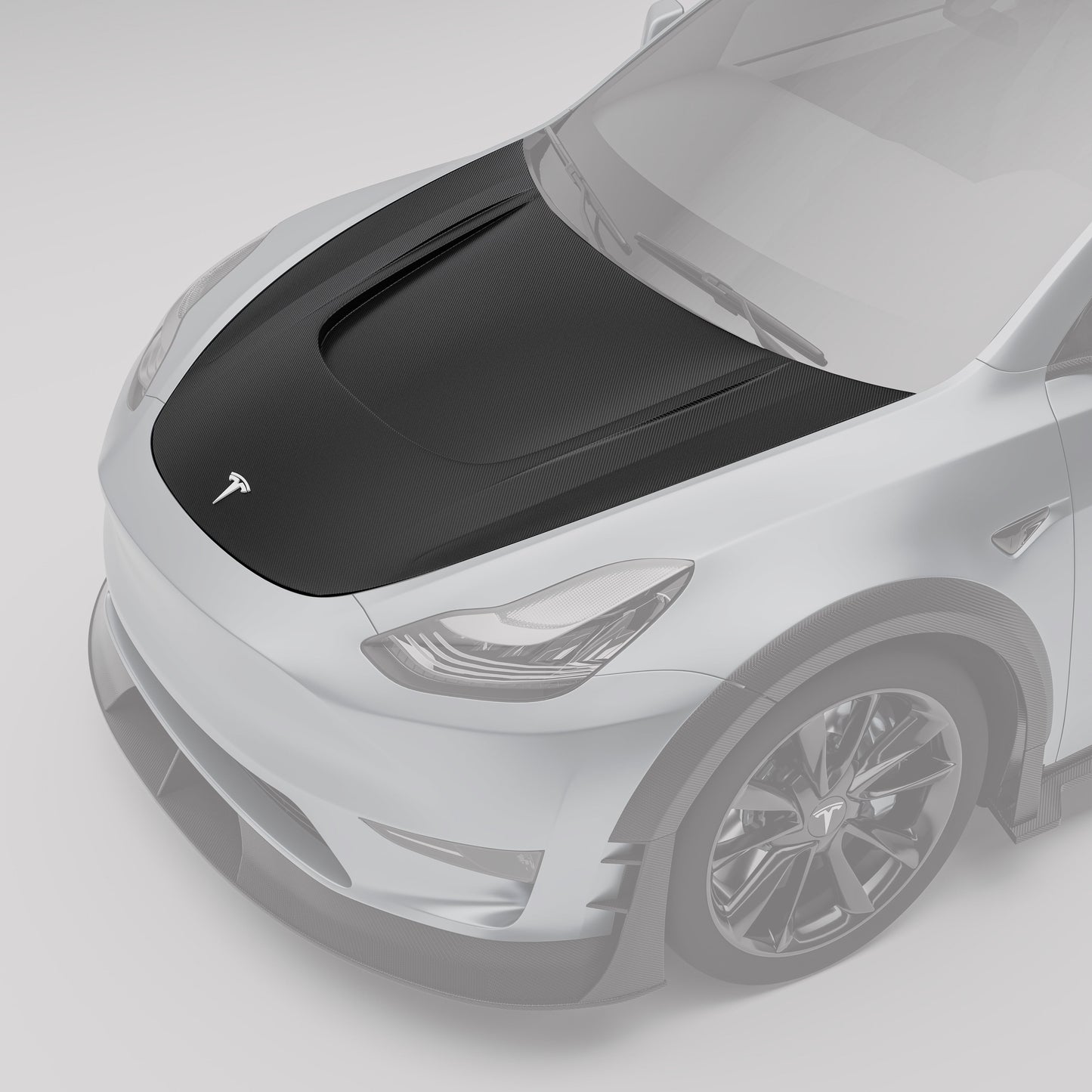 Carbon fiber hood for 2021-2024 Model Y displayed at an angle
